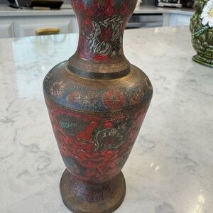 Vintage Enameled Brass Vase | Floral Boho Decor | c. 1960s–1970s